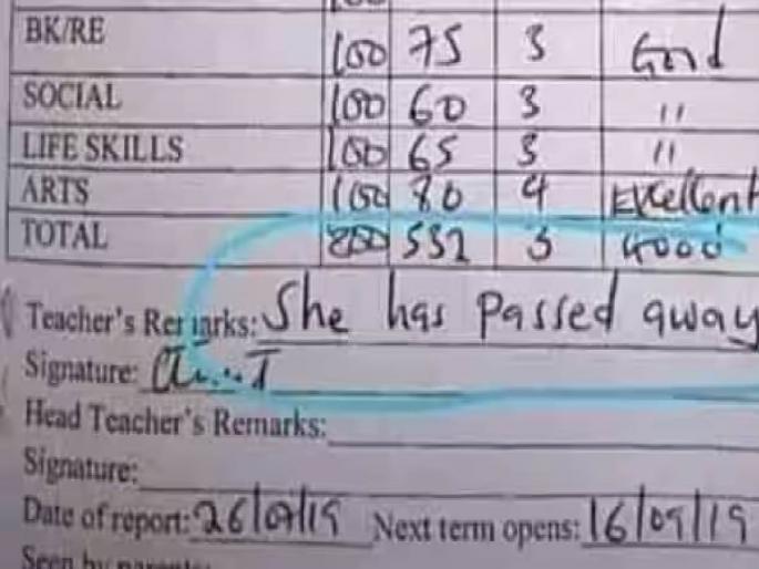 marksheet viral teacher wrote passed away changed meaning | शिक्षकाने मुलाच्या मार्कशीटवर असं काही लिहिलं, झाला अर्थाचा अनर्थ; फोटो व्हायरल marksheet viral teacher wrote passed away changed meaning | शिक्षकाने मुलाच्या मार्कशीटवर असं काही लिहिलं, झाला अर्थाचा अनर्थ; फोटो व्हायरल