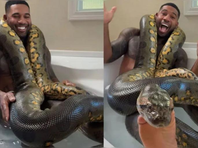 Man bathing with giant python in the bathtub goes viral, Watch Video | भल्यामोठ्या अजगरासह बाथटबमध्ये आंघोळ करणाऱ्या तरुणाचा व्हिडिओ व्हायरल