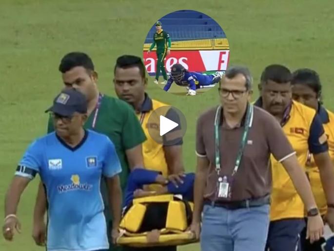 ICC Womens ODI World Cup 2025 SL W vs SA W 18th Match Sri Lanka Vishmi Gunaratne Suffered An Unfortunate Injury During Match Against South Africa Had To Leave Field On A Stretcher | SL W vs SA W: स्टंप राहिल्या बाजूला गुडघ्यावर बसला थ्रो! बॅटरला स्ट्रेचरवरुन मैदानाबाहेर नेण्याची वेळ
