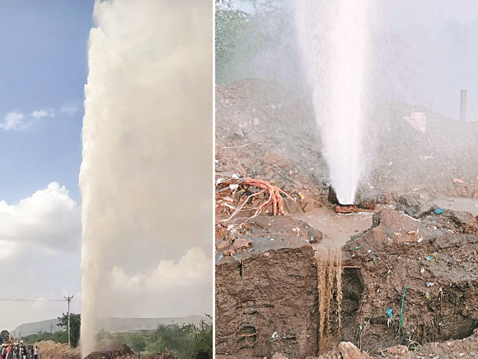 Contractor's causes, city water main pipeline burst for third time; Water supply disrupted again | कंत्राटदाराचा प्रताप, तिसऱ्यांदा फुटली शहराची जलवाहिनी; पाणी पुरवठा पुन्हा विस्कळीत Contractor's causes, city water main pipeline burst for third time; Water supply disrupted again | कंत्राटदाराचा प्रताप, तिसऱ्यांदा फुटली शहराची जलवाहिनी; पाणी पुरवठा पुन्हा विस्कळीत