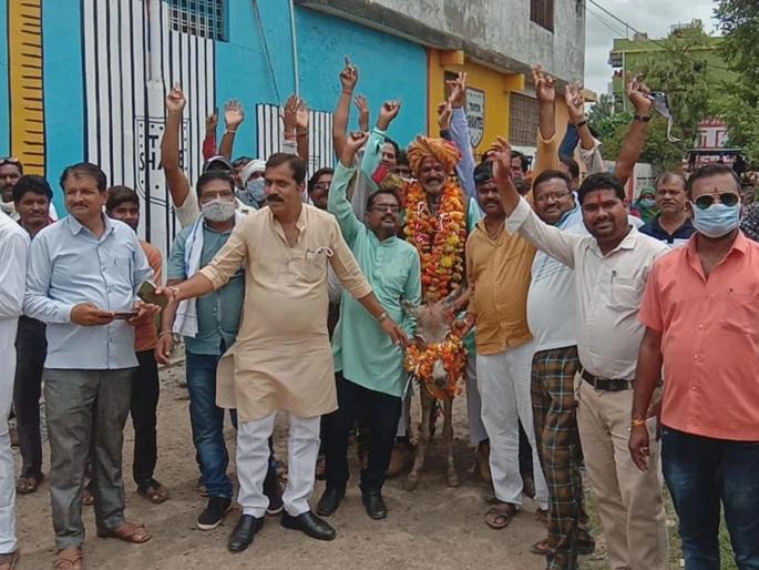 donkey totka village sarpanch riding donkey rain vidisha madhya pradesh | ऐकावं ते नवलच! ...म्हणून गावकऱ्यांनी सरपंचांची काढली थेट गाढवावरून मिरवणूक donkey totka village sarpanch riding donkey rain vidisha madhya pradesh | ऐकावं ते नवलच! ...म्हणून गावकऱ्यांनी सरपंचांची काढली थेट गाढवावरून मिरवणूक