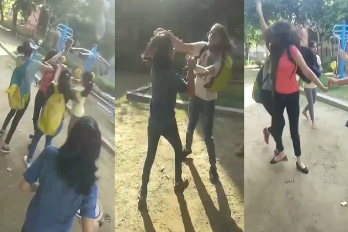 Crime News: In Rohtak, young Girls were beaten each other with kicked and punched | Crime News : भररस्त्यात तरुणींची हाणामारी, ओरबाडले, केस ओढले; एकमेकींना लाथा-बुक्क्यांनी मारले