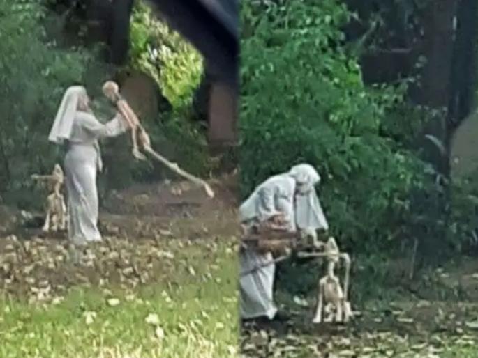 The woman was dancing with the skeleton in the cemetery, the viewer was completely lost; The photo went viral | ती महिला स्मशानात सांगाड्यासोबत नाचत होती, पाहणाऱ्याची शुद्धच हरपली; फोटो झाले व्हायरल The woman was dancing with the skeleton in the cemetery, the viewer was completely lost; The photo went viral | ती महिला स्मशानात सांगाड्यासोबत नाचत होती, पाहणाऱ्याची शुद्धच हरपली; फोटो झाले व्हायरल