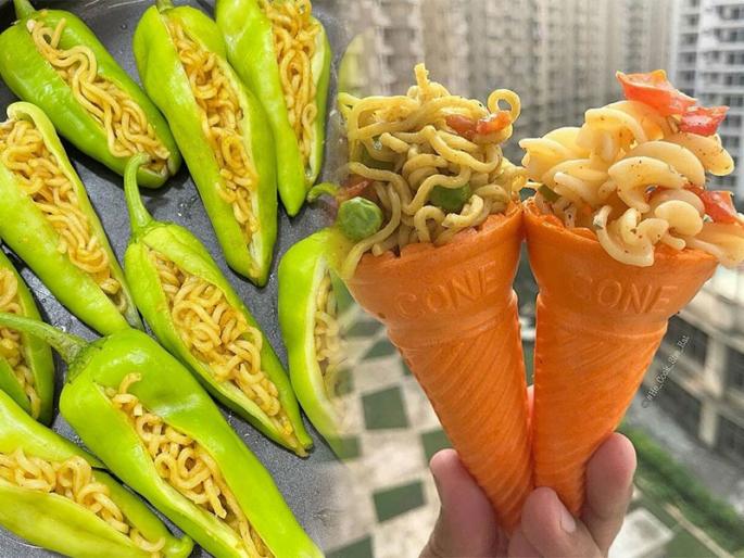 Maggi mirchi : Maggi mirchi picture goes viral on internet people reacts | Maggi mirchi : आता हेच बाकी होतं! व्हायरल होतेय भरलेल्या मॅगी मिरचीची रेसिपी; फोटो पाहताच लोक म्हणाले.....