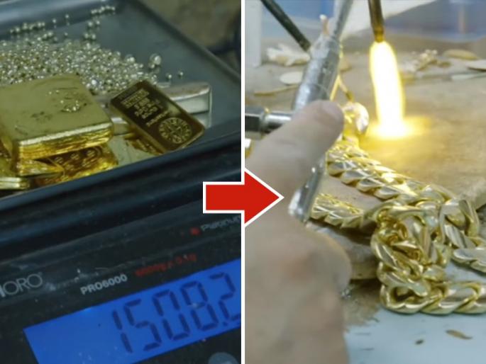 video of making 1 kg gold chain from gold biscuit goes viral | Video: सोन्याची बिस्कीट वितळवून तयार केली १ किलो वजनाची सोन्याची चैन, ४८ मिलियन व्हिव्ज video of making 1 kg gold chain from gold biscuit goes viral | Video: सोन्याची बिस्कीट वितळवून तयार केली १ किलो वजनाची सोन्याची चैन, ४८ मिलियन व्हिव्ज
