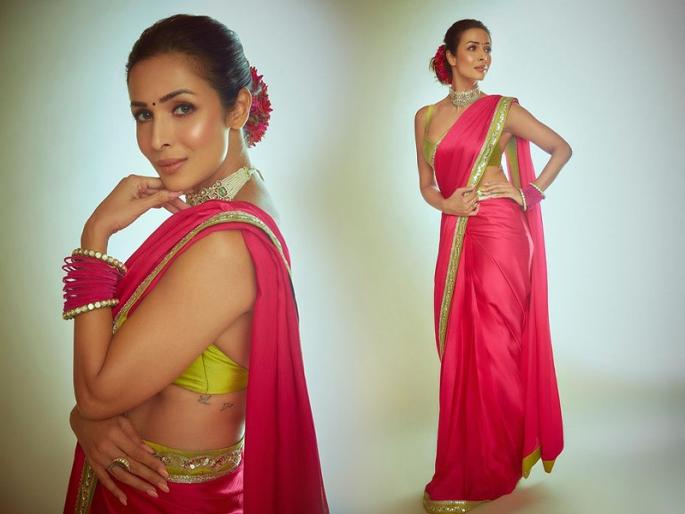 This Fuschia pink sari worn by Malaika Arora on Diwali; Available Online in affordable price | मलायका अरोराने दिवाळीत नेसलेली ही Fuschia pink रंगाची साडी; ऑनलाईन स्वस्तात मस्त उपलब्ध...