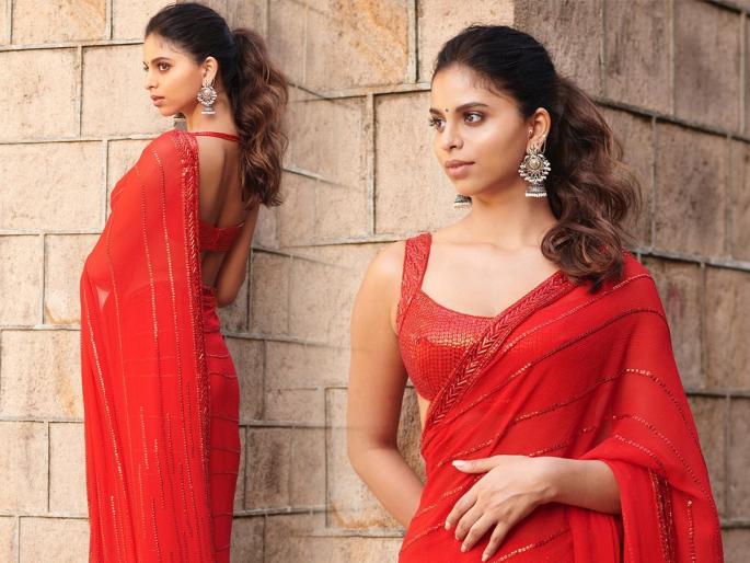 Stunning look of Suhana Khan in bright red georgette sequin saree | सुहाना खानची ब्राईट रेड जॉर्जेट साडी, पाहा जॉर्जेट-सिक्वीन साडीचा नवा 'सुहाना' ट्रेंड