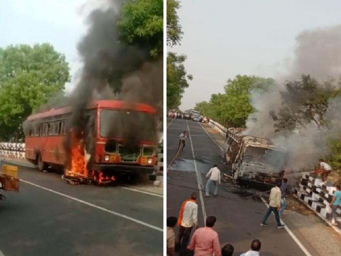 Thrilling! The petrol tank of the bike stuck under the bus exploded; bus-bike and burn | Video:ओव्हरटेकने ४५ प्रवाशांचा जीव टांगणीला; बाईकच्या पेट्रोल टाकीचा स्फोट झाल्याने बस पेटली