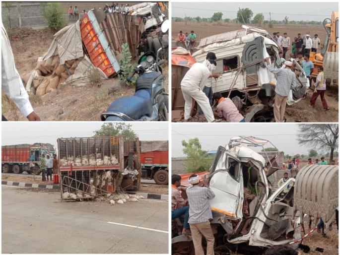 One killed in two truck collisions; Thousands of hens were also killed | २ ट्रक एकमेकांवर आदळून झालेल्या अपघातात एकाचा मृत्यू; हजारो कोंबड्यांचाही बळी One killed in two truck collisions; Thousands of hens were also killed | २ ट्रक एकमेकांवर आदळून झालेल्या अपघातात एकाचा मृत्यू; हजारो कोंबड्यांचाही बळी