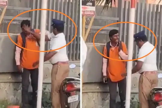 Video traffic constable transferred in police control room for slapping food delivery man | Video - संतापजनक! ट्रॅफिक कॉन्स्टेबलची दादागिरी; डिलिव्हरी बॉयला भररस्त्यात केली मारहाण Video traffic constable transferred in police control room for slapping food delivery man | Video - संतापजनक! ट्रॅफिक कॉन्स्टेबलची दादागिरी; डिलिव्हरी बॉयला भररस्त्यात केली मारहाण
