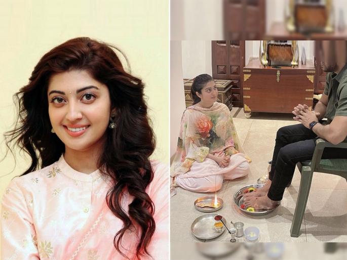 Pic of south actress pranitha subhash sitting at her husbands feet triggers debate online see reactions | अभिनेत्रीने केली पतीची पाद्यपूजा, पायाशी बसून केला नमस्कार, ट्रोल झाल्यावर म्हणाली, चुकलं काय..?
