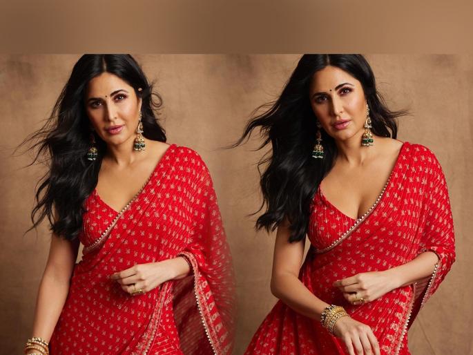 Actress Katrina Kaif's Diwali Look, Looking amazing in bright red color saree worth Rs. 70K | कतरिना कैफचा दिवाळी लूक व्हायरल, ७० हजारांच्या चमचमत्या लाल साडीमध्ये दिसतेय कमाल