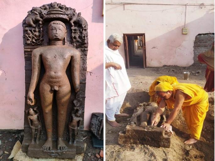 An ancient idol was found while digging in the Jain temple area at Aundha Nagnath | जैन मंदिर परिसरात खोदकाम करताना सापडली प्राचीन मूर्ती An ancient idol was found while digging in the Jain temple area at Aundha Nagnath | जैन मंदिर परिसरात खोदकाम करताना सापडली प्राचीन मूर्ती