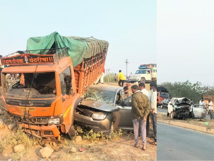 A speeding car crosses a divider and crashes into a truck; Two died on the spot in a triple accident near Dabhad of Nanded | भरधाव कार दुभाजकपारकरून ट्रकला धडकली; तिहेरी अपघातात दोघांचा जागीच मृत्यू A speeding car crosses a divider and crashes into a truck; Two died on the spot in a triple accident near Dabhad of Nanded | भरधाव कार दुभाजकपारकरून ट्रकला धडकली; तिहेरी अपघातात दोघांचा जागीच मृत्यू
