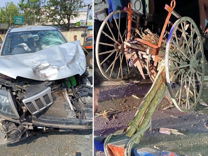 Both bulls died in front of a farmer in a collision with a speeding car; Father and son narrowly escaped near Pathri | भरधाव कारच्या धडकेत लाडके बैल 'सर्जा-राजाचा' मृत्यू; शेतकरी पिता-पुत्र थोडक्यात बचावले Both bulls died in front of a farmer in a collision with a speeding car; Father and son narrowly escaped near Pathri | भरधाव कारच्या धडकेत लाडके बैल 'सर्जा-राजाचा' मृत्यू; शेतकरी पिता-पुत्र थोडक्यात बचावले