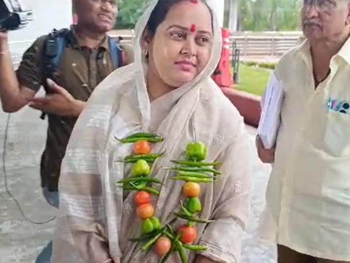 mla came to the vidhansabha wearing mala of tomatoes chillies around her neck | टोमॅटो-मिरचीचा हार घालून विधानसभेत आल्या महिला आमदार; म्हणाल्या, "हे मुख्यमंत्र्यांसाठी..." mla came to the vidhansabha wearing mala of tomatoes chillies around her neck | टोमॅटो-मिरचीचा हार घालून विधानसभेत आल्या महिला आमदार; म्हणाल्या, "हे मुख्यमंत्र्यांसाठी..."