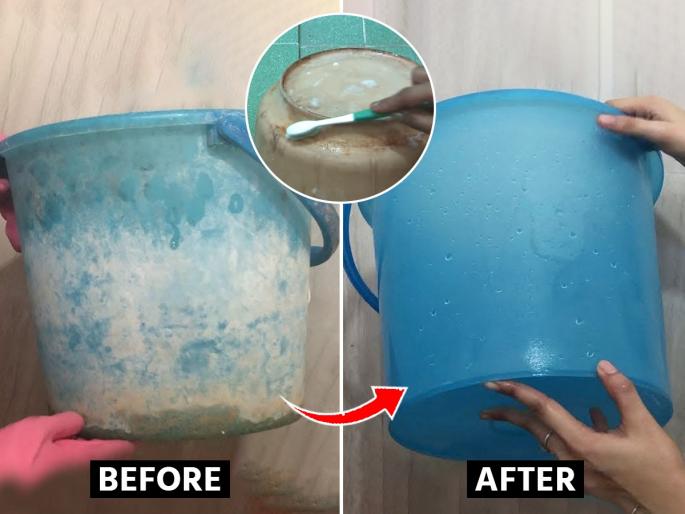 Easy Bathroom Cleaning Tips : How to clean plastic bucket and mug Bathroom Cleaning Tips | बाथरुममधल्या बादल्या-मगांवर काळा मेणचट थर? ५ उपाय-नव्यासारख्या चमकतील वस्तू