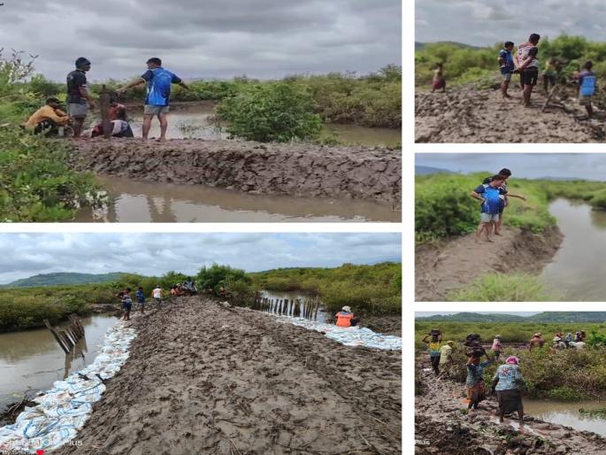 Commencement of repair work of protective embankments destroyed by tidal water in uran | भरतीच्या पाण्यामुळे उद्ध्वस्त झालेल्या संरक्षक बांधबंदिस्तींच्या दुरुस्तीच्या कामाला सुरुवात Commencement of repair work of protective embankments destroyed by tidal water in uran | भरतीच्या पाण्यामुळे उद्ध्वस्त झालेल्या संरक्षक बांधबंदिस्तींच्या दुरुस्तीच्या कामाला सुरुवात