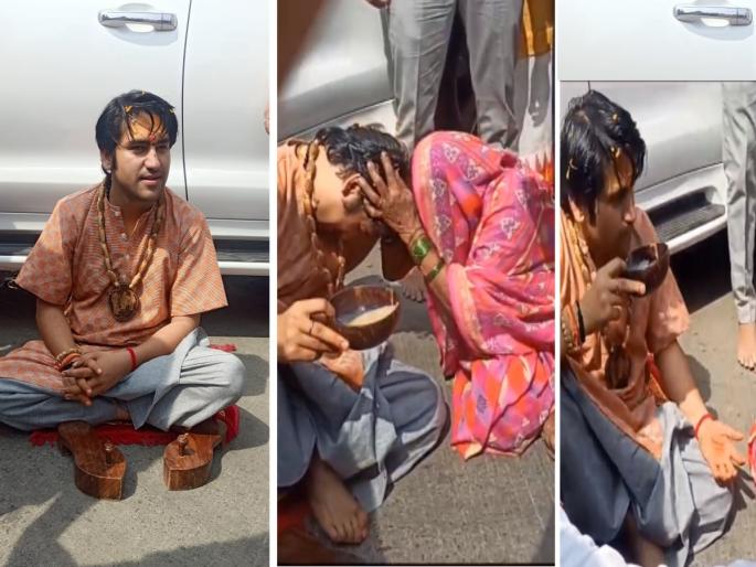 After Bhadra Maruti's darshan Pandit Dhirendra Shastri's visit farmers house, Sat on the floor and drank tea | video:भद्रा मारुतीच्या दर्शनानंतर पं. धीरेंद्र शास्त्री शेतकऱ्याच्या घरी;जमिनीवर बसून घेतला चहा After Bhadra Maruti's darshan Pandit Dhirendra Shastri's visit farmers house, Sat on the floor and drank tea | video:भद्रा मारुतीच्या दर्शनानंतर पं. धीरेंद्र शास्त्री शेतकऱ्याच्या घरी;जमिनीवर बसून घेतला चहा