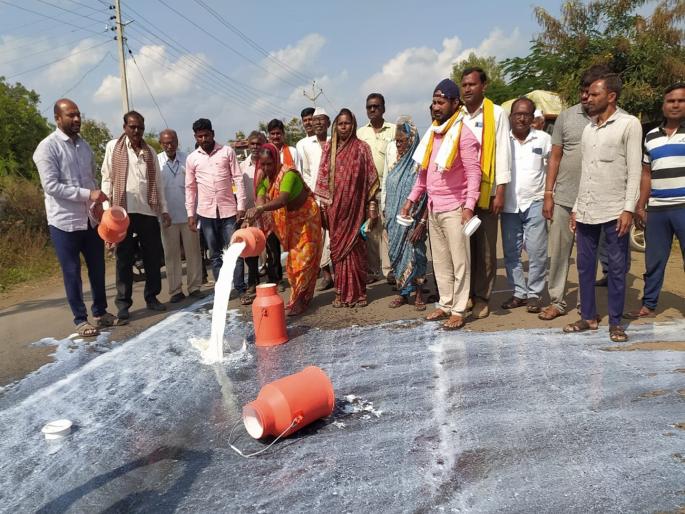 Protest against the government by throwing milk on the streets; Farmers of Goregaon in Hingoli are aggressive | रस्त्यावर दूध फेकून सरकारचा निषेध; हिंगोलीतील गोरेगावचे शेतकरी आक्रमक Protest against the government by throwing milk on the streets; Farmers of Goregaon in Hingoli are aggressive | रस्त्यावर दूध फेकून सरकारचा निषेध; हिंगोलीतील गोरेगावचे शेतकरी आक्रमक