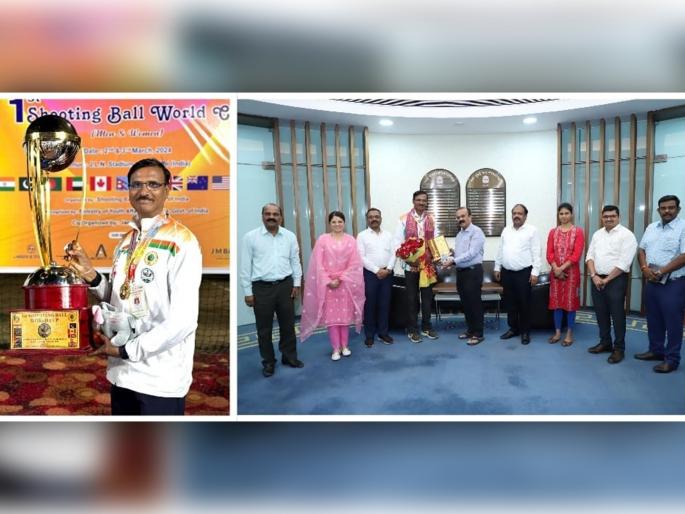 Revappa Gurav, the coach of the world champion Indian shooting ball team, was felicitated by the Commissioner | विश्वविजेत्या भारतीय शुटिंगबॉल संघाचे प्रशिक्षक रेवप्पा गुरव यांचा आयुक्तांच्या हस्ते सत्कार Revappa Gurav, the coach of the world champion Indian shooting ball team, was felicitated by the Commissioner | विश्वविजेत्या भारतीय शुटिंगबॉल संघाचे प्रशिक्षक रेवप्पा गुरव यांचा आयुक्तांच्या हस्ते सत्कार