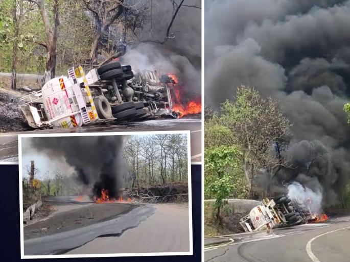 Diesel Tanker Accident at Bhoir Ghat; One killed, two injured in the blast | भोयर घाटात डिझेल टॅंकरला अपघात; स्फोटात एक ठार, दोन जखमी Diesel Tanker Accident at Bhoir Ghat; One killed, two injured in the blast | भोयर घाटात डिझेल टॅंकरला अपघात; स्फोटात एक ठार, दोन जखमी