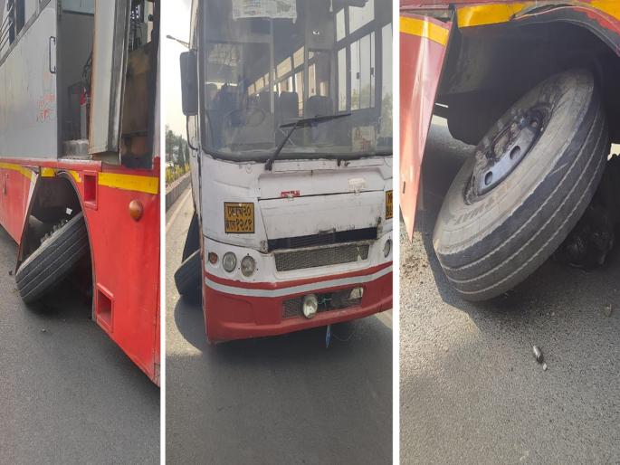 Thrilling! The front wheel of a Beed travel ST bus came off after its axle broke | Video: थरारक! बीडला जाणाऱ्या एसटी बसचे एक्सल तुटल्याने समोरचे चाक निखळले Thrilling! The front wheel of a Beed travel ST bus came off after its axle broke | Video: थरारक! बीडला जाणाऱ्या एसटी बसचे एक्सल तुटल्याने समोरचे चाक निखळले