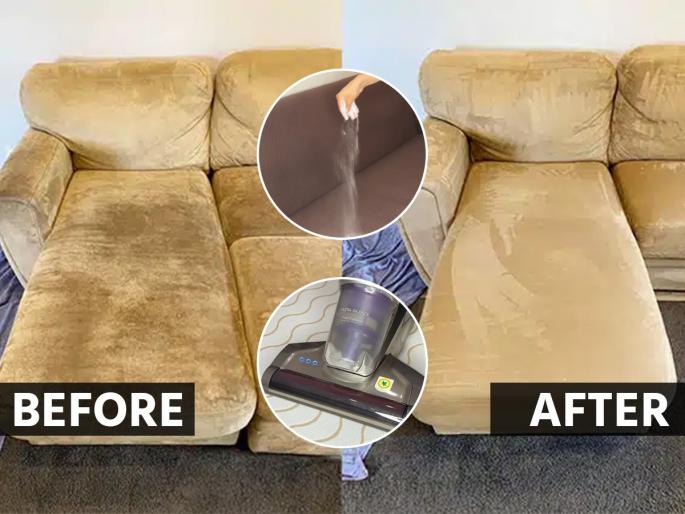 2 ways to clean a fabric sofa without using a vacuum cleaner; Sofa shine in 10 minutes, how to clean fabric sofa without using vacuum cleaner, best home hacks to clean fabric sofa... | व्हॅक्युम क्लिनर न वापरता फॅब्रिकचा सोफा स्वच्छ करण्याचे २ उपाय; १० मिनिटांत सोफा चकाचक...