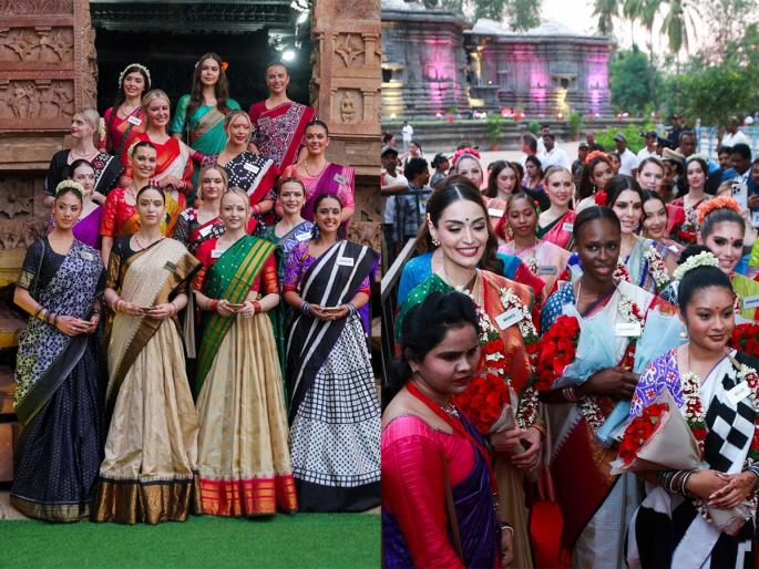 Miss World 2025 contestants visited south indian temples in Indian sarees, bangles and gajras | काठापदराच्या साड्या-कपाळी कुंकू-केसांत गजरा, ‘मिस वर्ल्ड’ स्पर्धक पोहोचल्या थेट ‘या’ मंदिरात! पाहा फोटो