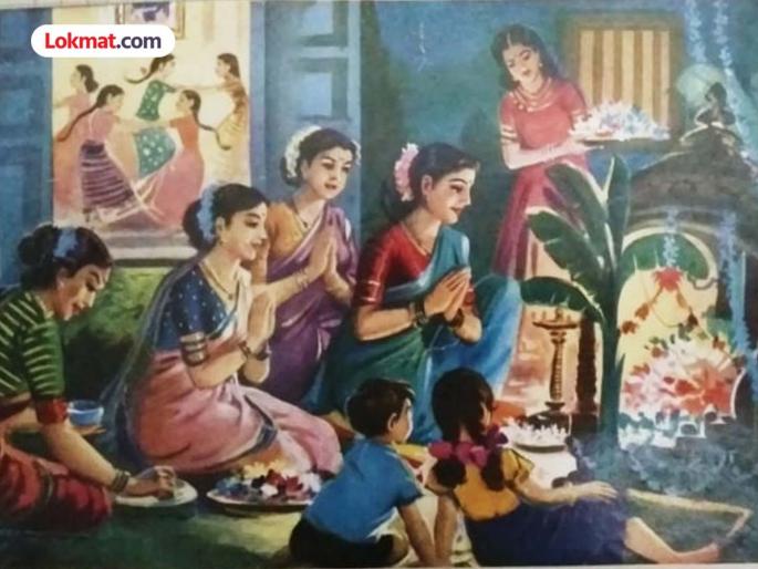 Mangalagauri 2025: Dinanath Dalal's painting depicting the sanctity and sweetness of Mangalagauri fast; See the details! | Mangalagauri 2025: मंगळगौरीचे पावित्र्य आणि माधुर्य दर्शवणारे दीनानाथ दलाल यांचे चित्र; पहा बारकावे!
