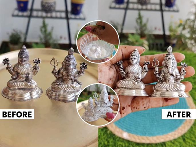 how to clean silver pooja utensils at home easy way to clean silver pooja items natural methods to clean silver idols | दसऱ्यापूर्वी चांदीच्या मूर्ती आणि भांडी एका मिनिटात चकचकीत करण्याची १ भन्नाट ट्रिक, वस्तू चमकतील चमचम...