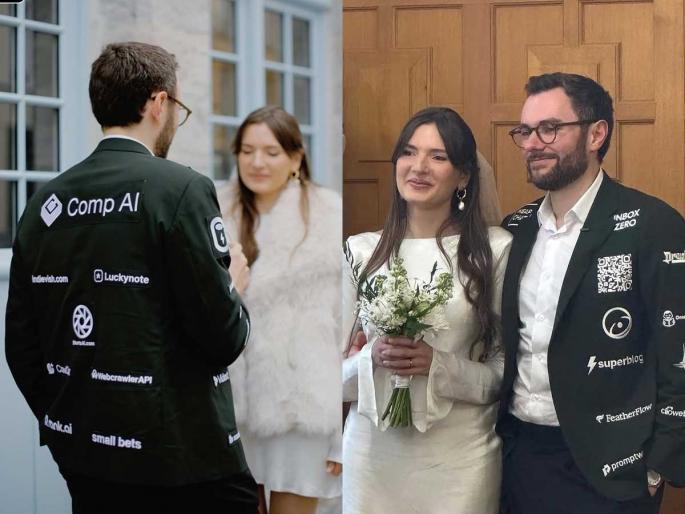 He found sponsors to pay for the wedding, put the logo on the coat, groom got viral after his creative idea | एका लग्नाची दुसरी गोष्ट! त्यानं लग्नखर्च करण्यासाठी शोधले स्पॉन्सर, कोटवर लावले लोगो आणि.. He found sponsors to pay for the wedding, put the logo on the coat, groom got viral after his creative idea | एका लग्नाची दुसरी गोष्ट! त्यानं लग्नखर्च करण्यासाठी शोधले स्पॉन्सर, कोटवर लावले लोगो आणि..