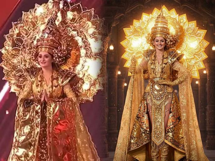 India's Manika Vishwakarma's golden outfit at Miss Universe pageant, amazing photos - Honoring Indian traditions | मिस युनिव्हर्स स्पर्धेत भारताच्या मनिका विश्वकर्माचा सुवर्ण पोशाख, अप्रतिम फोटो - भारतीय परंपरांचा सन्मान
