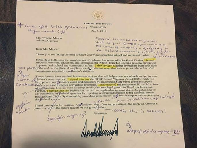 Retired English teacher corrects a White House letter and sends it back | डोनाल्ड ट्रम्प यांनी पाठवलेल्या पत्रातल्या काढल्या चुका; निवृत्त शिक्षिकेनं परत पाठवले पत्र Retired English teacher corrects a White House letter and sends it back | डोनाल्ड ट्रम्प यांनी पाठवलेल्या पत्रातल्या काढल्या चुका; निवृत्त शिक्षिकेनं परत पाठवले पत्र