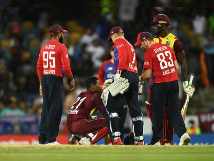 WI vs ENG, T20I : Wd 0 4 4 Wd 6 6 6, Akeal Hosein smashed 28 runs in the last over, West Indies fell two runs short of victory agains England | WI vs ENG, T20I : Wd, 0, 4, 4, Wd, 6, 6, 6; Akeal Hoseinनं अखेरच्या षटकात चोपल्या २८ धावा, पण इंग्लंडनं १ धावेनं जिंकला सामना अन्...