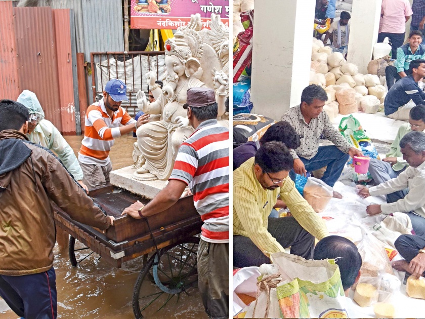 kolhapur Ganpati Mandal young volunteers work for flood rehabilitation. | गणपतीच्या डेकोरेशनला सुटी, तरुण कार्यकर्त्यांचा पूरग्रस्तांना मदतीचा हात