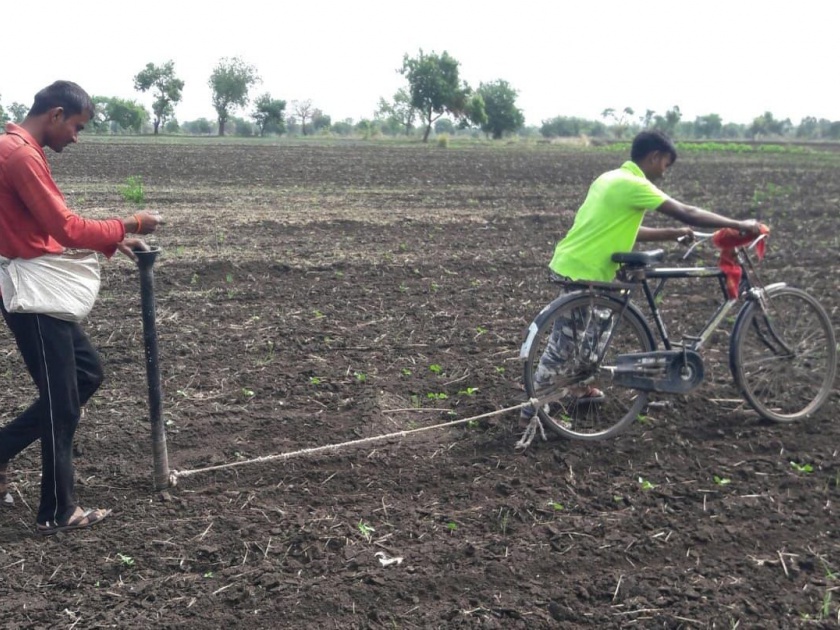 Enovation by farmer to give fertilizer by bicycle! | सायकलद्वारे खत देण्याची लढविली शक्कल!