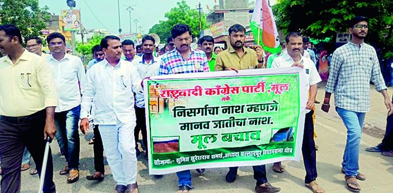 NCP's agitation against harmful rail freight strike in Mool | हानीकारक रेल्वे मालधक्क्याविरोधात राष्ट्रवादीचे मूलमध्ये ठिय्या आंदोलन