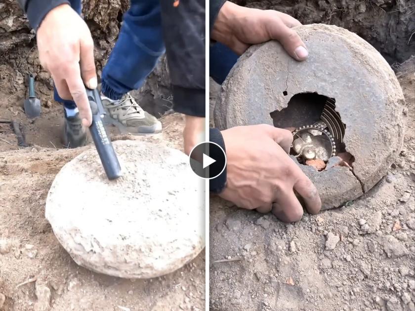 Man found treasure in rock viral video | खोदकाम करताना सापडला एक गोलाकार दगड, तोडला तर आत दिसला खजिना...