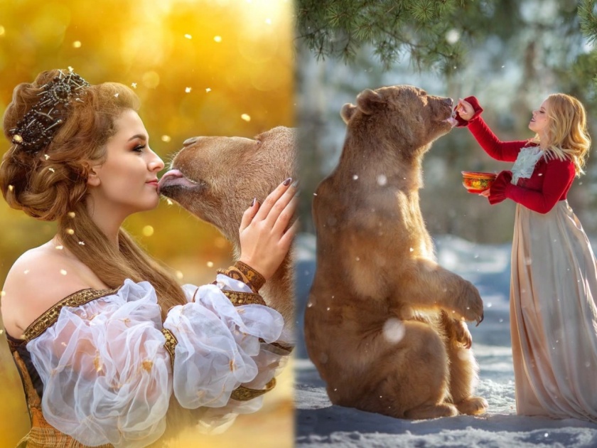 Meet this Russian brown bear who is in modeling career | काय सांगता! मॉडलिंगमध्ये करिअर करतंय हे खरंखुरं अस्वल, रशियन मॉडेलसोबतचे फोटो व्हायरल!