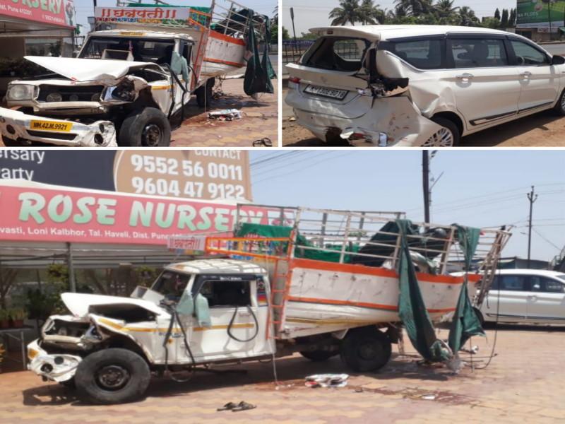 Terrible accident on Pune Solapur highway Two drivers were killed and two others were seriously injured | Accident: पुणे सोलापूर महामार्गावर भीषण अपघात; दोन चालकांचा मृत्यू तर दोघे गंभीर जखमी