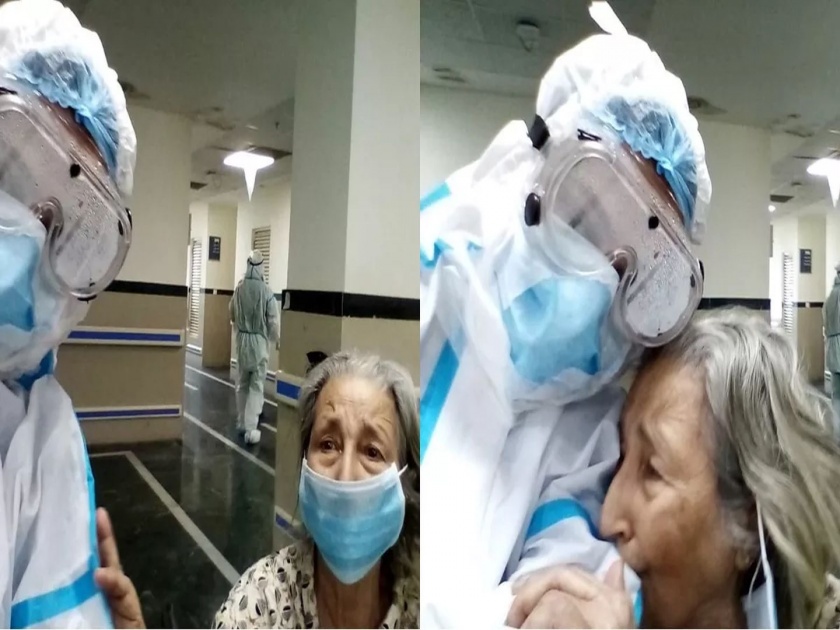 Woman hugs her doctor : Elderly woman hugs her doctor with tears pics goes viral | नुकत्याच बऱ्या झालेल्या आजींनी डॉक्टरांना मारली मीठी; समोर आला मन हेलावून टाकणारा फोटो