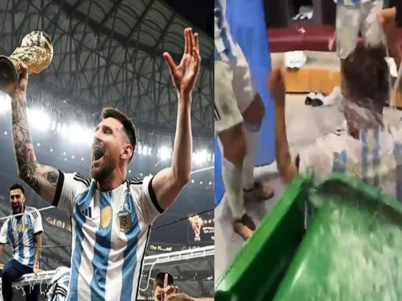 Argentina players celebrate after winning the FIFA World Cup 2022 title. | सेलिब्रेशन करताना अर्जेंटिनाचा खेळाडू थेट कचऱ्याच्या डब्ब्यात घुसला; पाहा मजेदार Video