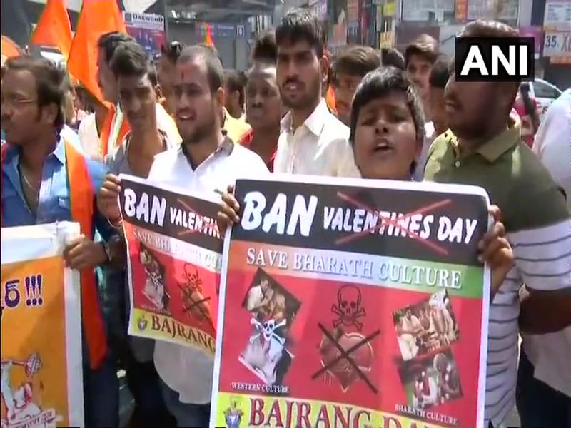 workers of bajrang dal are protestingagainst valentines day across the country | 'व्हेलेंटाइन्स डे'ला विरोध: चेन्नईमध्ये लावलं कुत्रे-गाढवांचं लग्न, हैदराबादमध्ये निदर्शनं