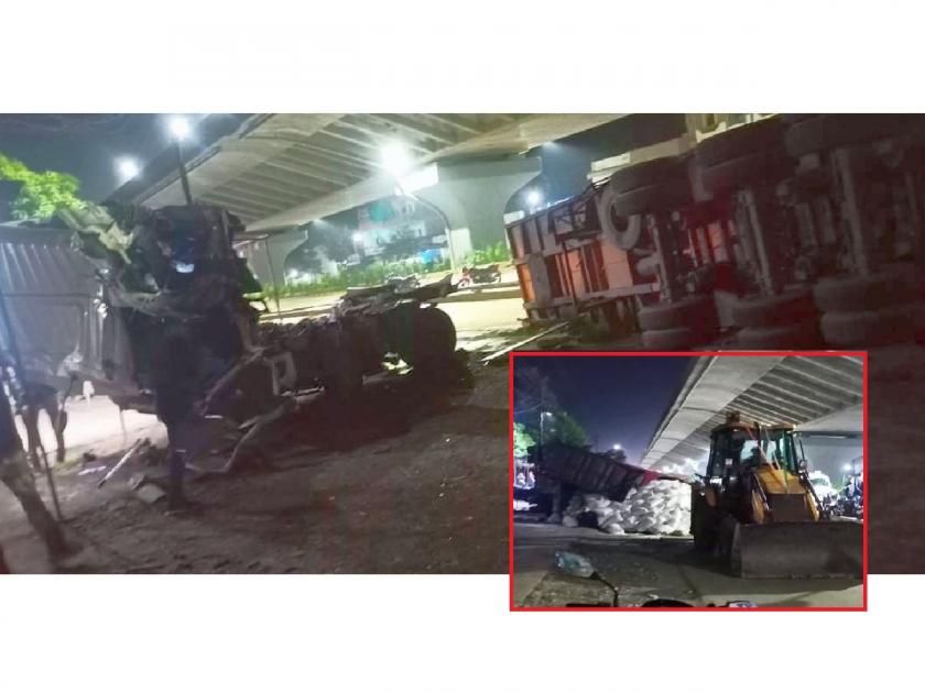 A speedy container tumbles off a flyover; Incident at Lakhni on National Highway Bhandara | उड्डाणपुलावरुन भरधाव कंटेनर खाली कोसळला; राष्ट्रीय महामार्गावर लाखनी येथील घटना