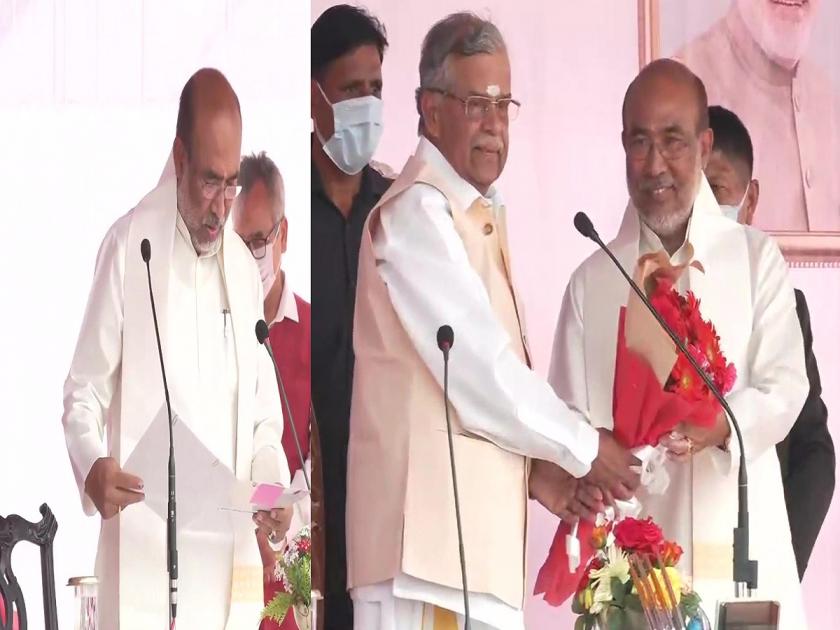 Manipur | BJP| N Biren Singh | Biren Singh second time takes oath as the Chief Minister of Manipur in Imphal | Manipur: मणिपूरमध्ये पुन्हा भाजप; बीरेन सिंह यांनी दुसऱ्यांदा घेतली मुख्यमंत्रिपदाची शपथ