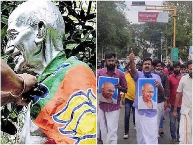 protests in kerala after bjp flag found draped around gandhi statue all you need to know | महात्मा गांधींच्या पुतळ्यावर भाजपाचा झेंडा, विरोधकांचा संताप