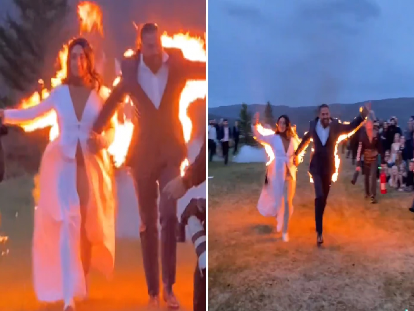 Bride-Groom Fire Video: At the wedding the couple set them on fire, Watch the video | Bride-Groom Video: धक्कादायक! लग्नात जोडप्याने पेटवून घेतले, मग सैरावैरा धावत सुटले; पाहा व्हिडिओ...