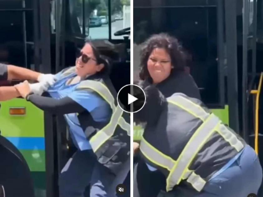 two women fight in bus door over fare kicking boxing each other video viral | तुफान राडा अन् लाथा-बुक्क्यांची जुगलबंदी! बसच्या दरवाज्यात दोन महिलांमध्ये तुंबळ हाणामारी (Video)