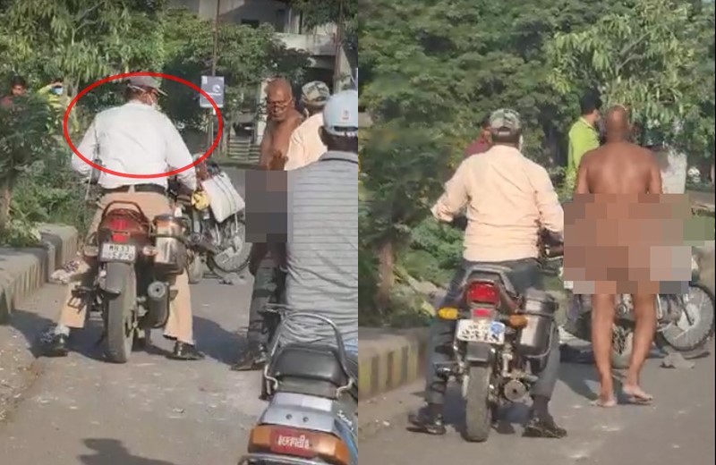 Video goes viral ... Police stand up for money for without mask, bike rider walks naked | व्हिडिओ व्हायरल... पोलीस पैशासाठी अडला, दुचाकीस्वार नग्न होऊन नडला
